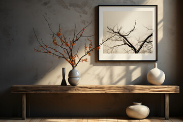 a small vase with tall branch sitting in front of a wall. AI generative
