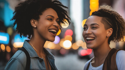 Biracial Lesbian Couple Laughing Candidly in Bokeh City Street Background