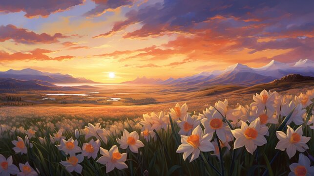An 8K high-resolution image of a Starflower Daffodil field at sunset, painting the sky with warm hues as the flowers bask in the evening light.