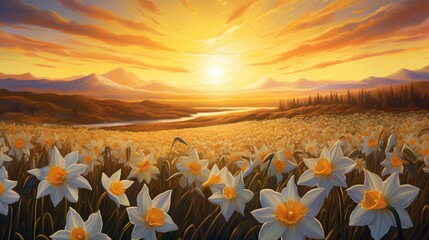 An 8K high-resolution image of a Starflower Daffodil field at sunset, painting the sky with warm...