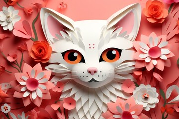 Illustration: paper art style cat with flower blossom. Generative AI