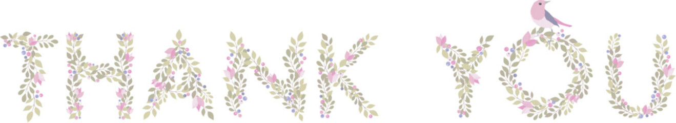 Thank you sign floral design. Thank you green floral text. Thank you floral letters. Thank you beautiful design.