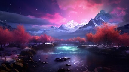 An 8K image capturing the grandeur of the Blossom of Borealis as it casts a spellbinding glow upon a tranquil, untouched wilderness. - obrazy, fototapety, plakaty