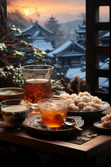 a poster of tea and dumplings, featuring an ethereal and dreamy atmosphere, model, Chinese winter solstice celebration, ultra high definition images. AI generative