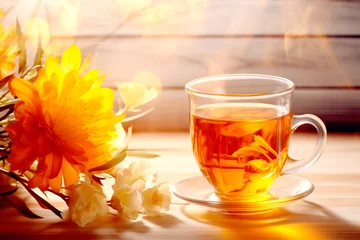 Foto op Canvas A glass of hot herbal tea on a saucer in a window sill next to a flower, © Vasyl Onyskiv