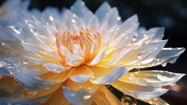 An 8K image of a Diamond Dahlia's petal covered in raindrops, creating a beautiful play of light and reflection.