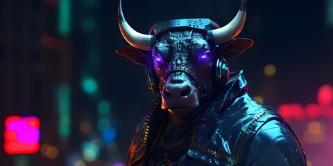 "Electric Horns: The Urban Rhythms of the Cyborg Bull" | Background Design | Generative AI Artwork