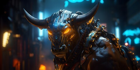 "Electric Horns: The Urban Rhythms of the Cyborg Bull" | Background Design | Generative AI Artwork