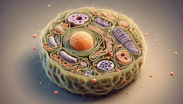 High-resolution 3D render of a eukaryotic cell, showcasing a plethora of cell organelles and structures. 