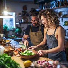 couple cooking together in kitchen