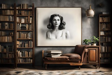 A Canvas Frame for a mockup harmoniously placed beside a bookshelf teeming with classic novels in an old styled TV lounge, setting a tone of relaxation and nostalgia