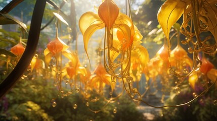 An 8K image of Golden Gloriosa vines gently swaying in the breeze, creating an ethereal and...