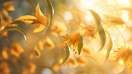 An 8K image of Golden Gloriosa vines gently swaying in the breeze, creating an ethereal and...