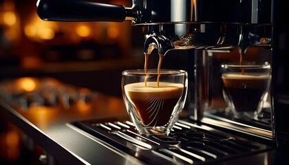 Close-up of espresso machine brewing fresh coffee