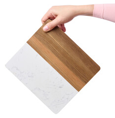 Female hand holding a square wooden cutting kitchen board