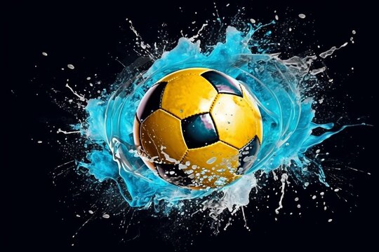 Vibrant sporty image with water splashes and abstract background. Realistic soccer ball. Generative AI