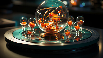 Abstract background with interconnected spheres, action on a molecular or quantum level.