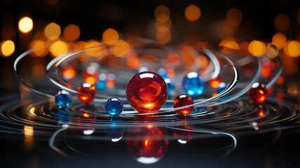 Abstract background with interconnected spheres, action on a molecular or quantum level.