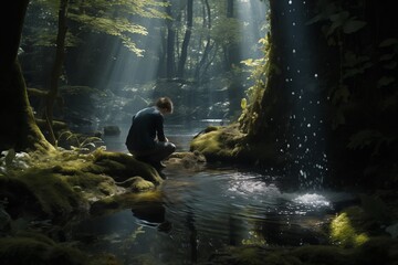 magical forest with a man washing his face in the stream, photorealism, staged photography
