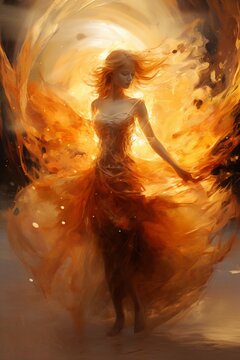 Dance in the fire in the style of pastel orange and dark gold