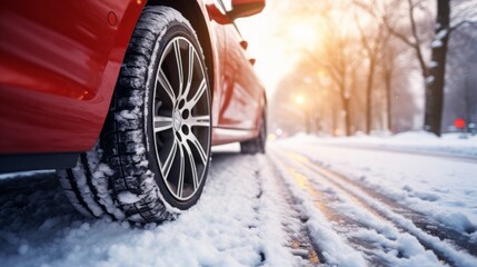 close-up view of car tires designed for winter conditions on a snowy road. Winter tires in action.