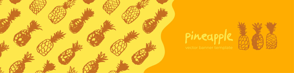 Template pineapple banner, pattern seamless, pineapples illustration, hand-drawn vector exotic fruit for vegan banner, juice or jam label design. Ripe ananas background for baby food packaging.