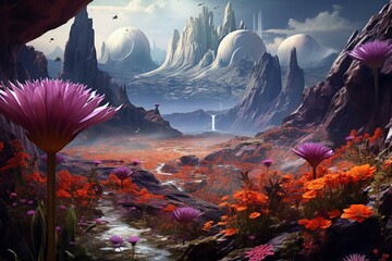 Fototapeta na wymiar Incredible scenery adorned with colorful blooms on extraterrestrial terrain. Generative AI