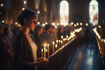 A girl holding candle in the hand in the church  - obrazy, fototapety, plakaty