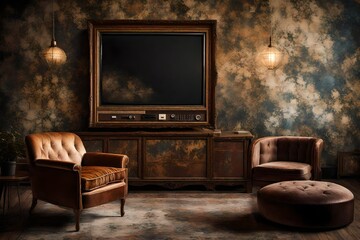 An intimate scene of a Canvas Frame for a mockup in an old styled TV lounge, capturing the textures of worn-out tapestries, plush velvet seating, and the ambient glow of a classic TV set