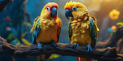 colorful parrots sitting on a branch 