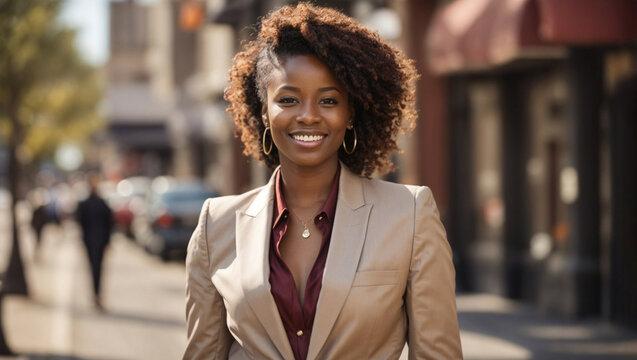Bellissima donna di origini africane con capelli ricci in una strada di una citt&agrave; con un vestito elegante
