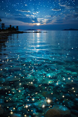 High angle aerial view of calm sea in deep turquoise hues, dog hour of the night. AI generative
