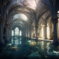 a handsome famous architecte in an underwater fantasy world with architectural models