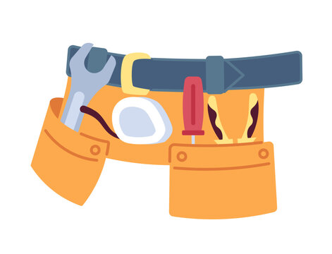 Tools belt on waist 2D cartoon object. Carpenter instruments organizer, handyman pouch isolated vector item white background. Diy repair construction. Tool storage color flat spot illustration