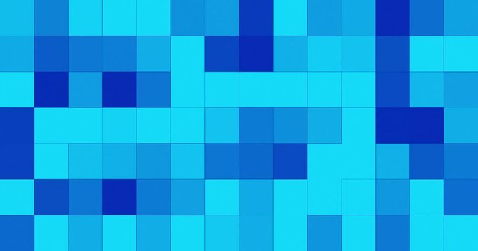 Square shapes placed together forming a grid flashing and changing color creating an effect of moving and morphing pixels. Blue color Square grid moving and blinking slowly changing color.