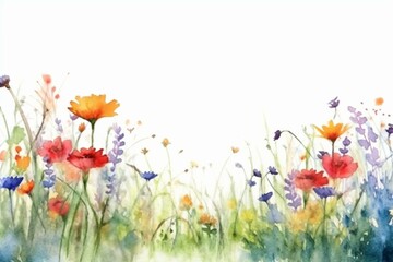 Summer meadow with lovely watercolor flower border on white background for cards, banners, or designs. Generative AI