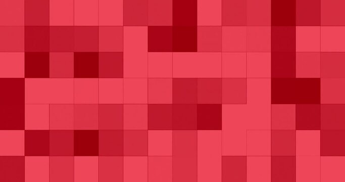 Square shapes placed together forming a grid flashing and changing color creating an effect of moving and morphing pixels. Red color Square grid moving and blinking slowly changing color.