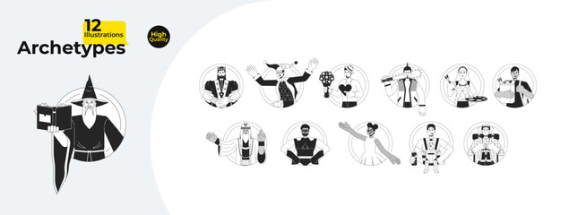 12 archetypes in society black and white cartoon flat illustration bundle. Archetypal 2D lineart characters isolated. Innate potentials diversity people monochrome vector outline image collection
