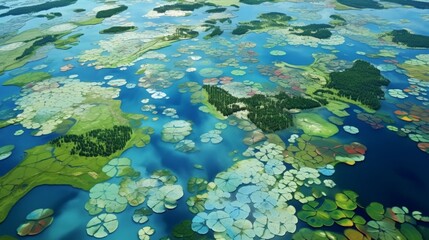 An aerial view of a vast pond covered in Opal Lotuses, forming a breathtaking natural mosaic of colors and shapes.