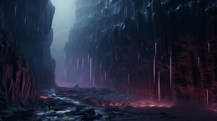 An alien waterfall of liquid crystal cascading down a jagged, glowing rock face on an extraterrestrial planet.