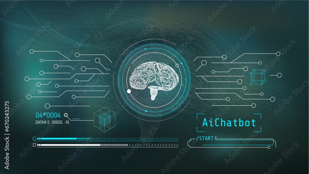 Poster hologram of digital brain with artificial intelligence, neural network concept.