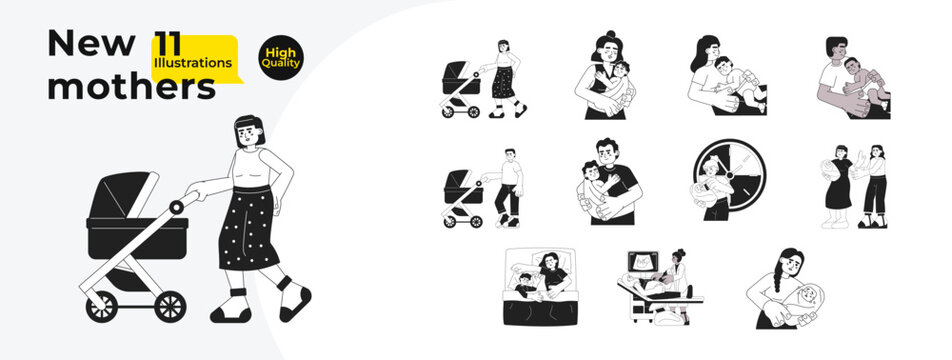 Fatherhood motherhood black and white cartoon flat illustration bundle. Diverse mother infant, father baby linear 2D characters isolated. Newborn care, pregnancy monochromatic vector image collection