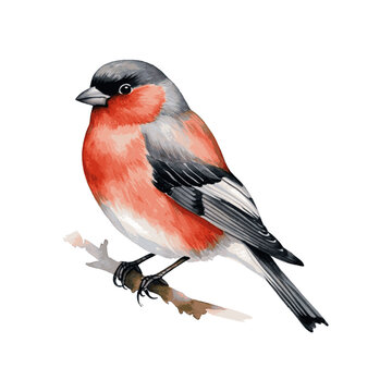 Red robin bullfinch bird watercolor paint for Christmas card decor on white