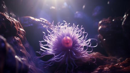 An Amethyst Anemone glistening in the soft sunlight of an underwater cave.