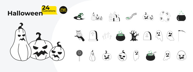 Halloween spooky black and white 2D cartoon objects bundle. Scary pumpkins, tombstones, haunted ghosts isolated vector outline items collection. Trick or treat monochromatic flat spot illustrations