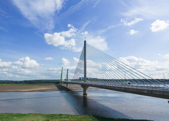 Liverpool, Merseyside, UK, September 13, 2023; aerial view of the Mersey Gateway toll bridge over the River Mersey, Liverpool, 