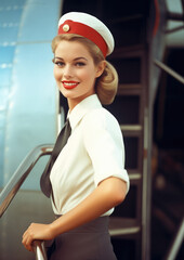 Retro 1960's pin up style postcard of stewardess girl, woman in white clothes and a cap near the airplane