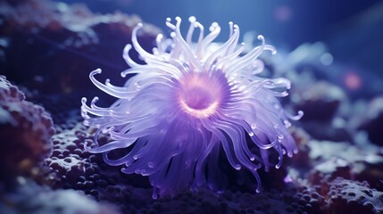 An Amethyst Anemone lit by bioluminescent creatures, casting an enchanting glow in the deep sea.