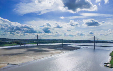 Liverpool, Merseyside, UK, September 13, 2023; aerial view of the Mersey Gateway toll bridge over the River Mersey, Liverpool, 