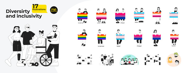 LGBTQ inclusive diverse adult black and white cartoon flat illustration bundle. Diversity colleagues, LGBT pride linear 2D characters isolated. People with disabilities monochromatic vector image pack